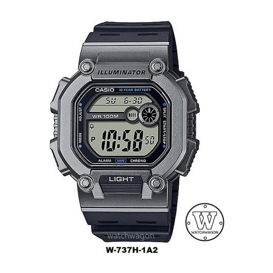 Casio W-737H-1A2 Digital Sports Watch 10 Years Battery Life Silver Bezel Black Resin Band  w737h w-737h-1a2vdf w-737