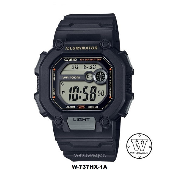 Casio W-737HX-1A Extra Long Band 10 Years Battery Life Digital Sports Watch Black Bezel Black Resin Band  w737h w-737hx-1avdf w-737
