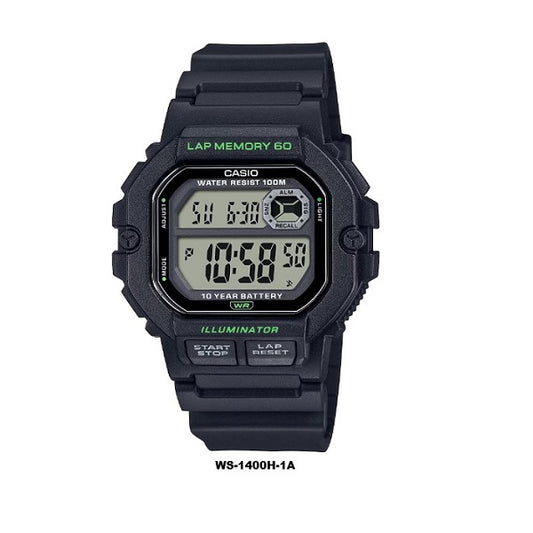 Casio WS-1400H-1A Black Case 10-years Batt Life 60-lap memory LED light