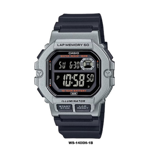 Casio WS-1400H-1B Silver Case Black Band 10-years Batt Life 60-lap memory LED light