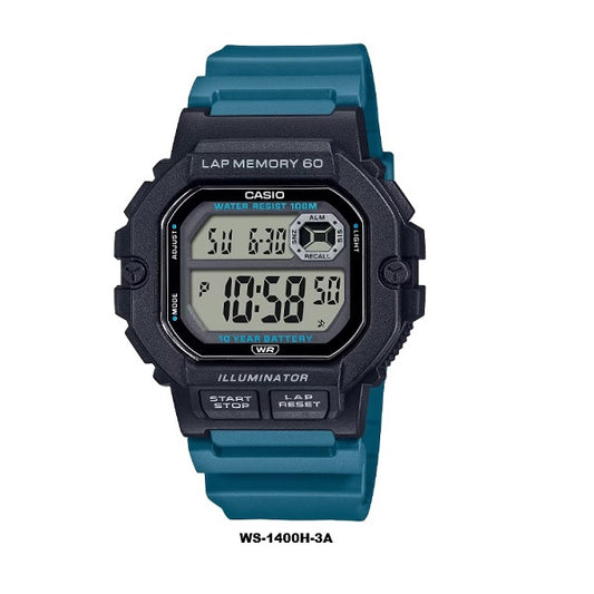 Casio WS-1400H-3A Black Case Turquoise Band 10-years Batt Life 60-lap memory LED light