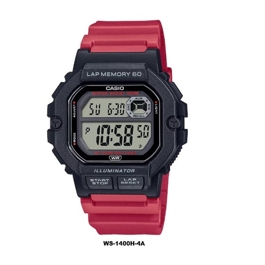 Casio WS-1400H-4A Black Case Red Band 10-years Batt Life 60-lap memory LED light